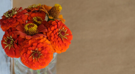 Top view of orange zinnia flower bouquet with copy space.