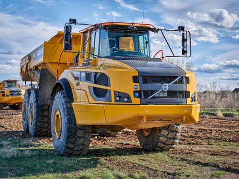 Powerful Volvo A45G Articulated Dump Haulers On A Construction Site.