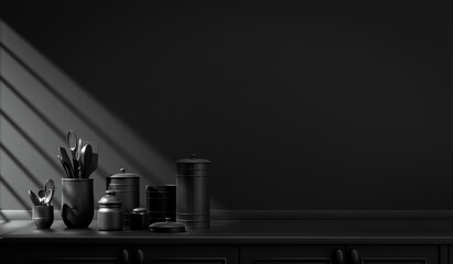 Fototapeta na wymiar Dark kitchen counter and everyday utensils on the counter in warm morning sunlight. monochrome black color concept, solid and flat color scene, 3d Rendering. Morning Shine