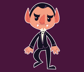 Funny vampire Dracula is dancing on a purple background. Children s Halloween parties. Cartoon character monster. Vector illustration in cartoon style for children. Isolated funny clipart.