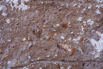Background texture. Aged concrete surface with stones and white paint residues. Top view. Copy space