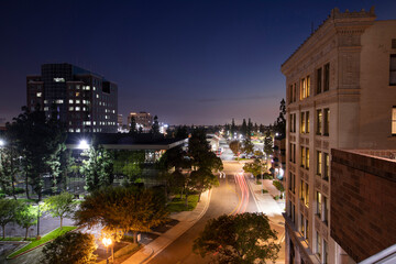 Night descends on the skyline of the Anaheim, California USA.