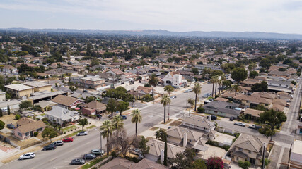 Aerial view of the downtown area of Azusa, California, USA.