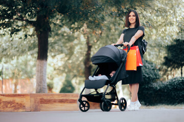 Happy Mom with Baby Stroller and Shopping Bags