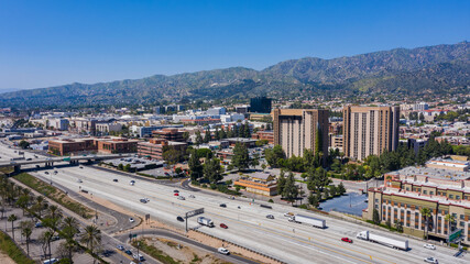 Aerial view of the downtown area of Burbank, California, USA.