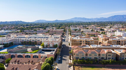 Aerial view of downtown center of Alhambra, California.