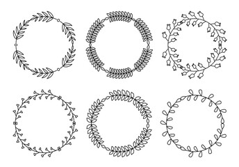 Branch circle line set. Flourish retro ornament divider. Herbal ornate doodle design elements. Vintage botanical border. Wedding invitation, greeting card, scrapbook stamp, winner wreath floral decor