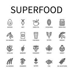 Superfood Line Icon In A Simple Style. Avocado Green Tea Pomegranate Chia Fish Beetroot Cocoa Quinoa Parsley Barberry Cranberry Rosehip Are Presented. A set of vector icons