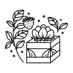 Hand drawn cute cake, pastry, strawberry, floral and bakery elements in linear style and isolated white background. Food drawing for children coloring page, icon, product logo, emblem, decoration