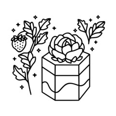 Hand drawn cute cake, pastry, strawberry, floral and bakery elements in linear style and isolated white background. Food drawing for children coloring page, icon, product logo, emblem, decoration