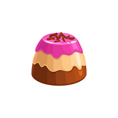 Chocolate candy, sweet dessert truffle or praline in caramel glaze, vector isolated icon. Chocolate box confection variety, dark and mil chocolate candy with berry fruit topping