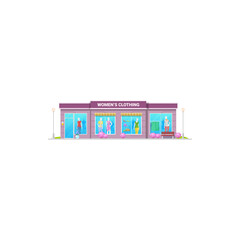 Women clothing store or shop and fashion boutique of dresses, vector isolated building. Womenswear fashion clothes, bags and footwear shoes store with window display showcase