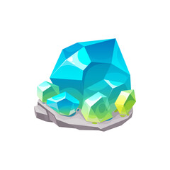 Crystal gem or gemstone quartz, jewel blue diamond, vector precious stone rock isolated icon. Blue green turquoise crystal gemstone or jewelry gem and quartz mineral