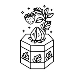 Cute isometric cake, pastry, pudding, bakery elements with leaf and strawberry. Hand drawn lineart for children coloring page, food icon, product logo, emblem, decoration