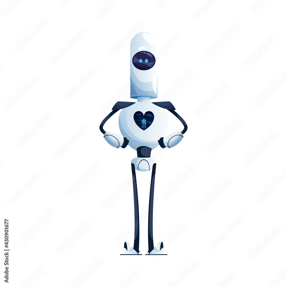 Aufkleber Robot with hands and long legs, heart on display isolated cartoon character with flexible arms. Vector futuristic electronic humanoid. Artificial intelligence character robot standing on suction cups