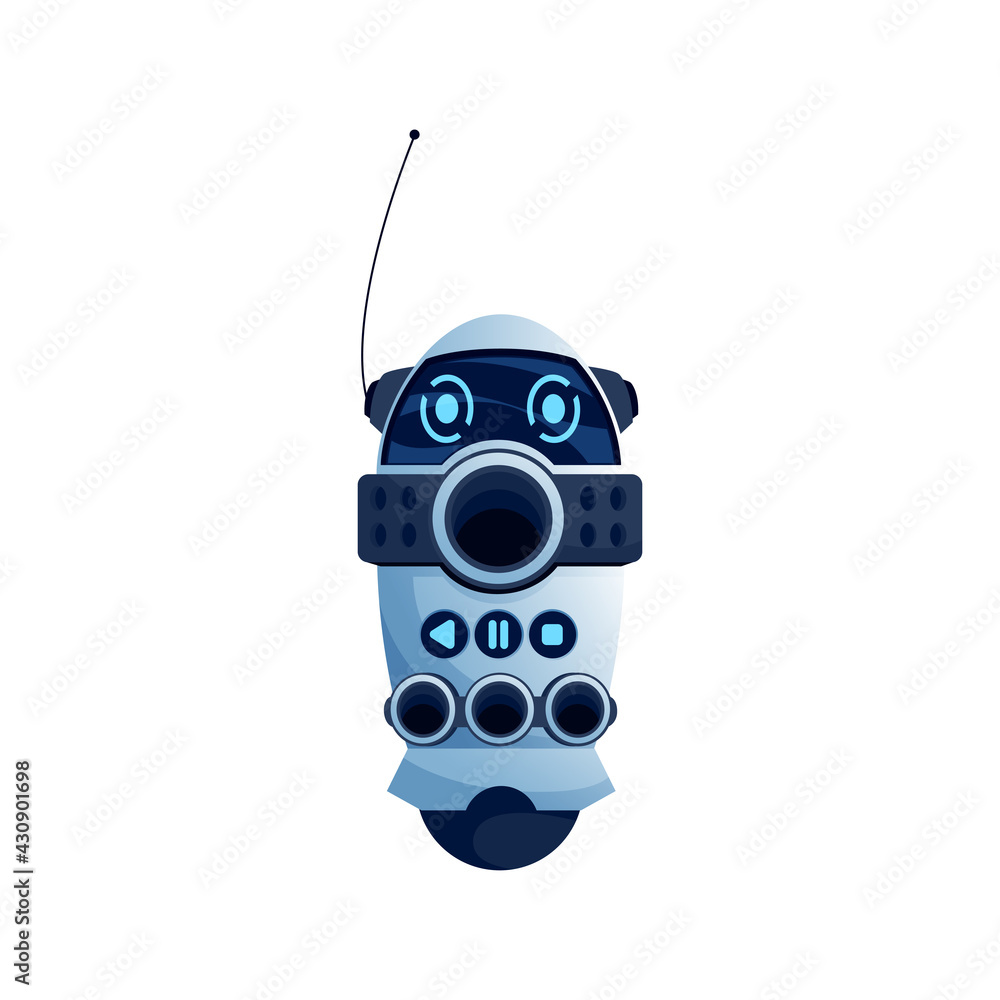 Poster control panel of robot with stop, record and play button isolated robotic automation with antenna. v