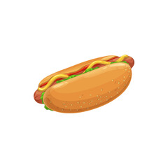 Hot dog, fast food menu icon, sandwich snack and street food sausage meals, vector isolated. Fastfood restaurant bistro delivery and takeaway hot dog with ketchup and mustard sauce