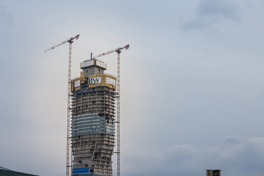 BELGARDE, SERBIA - MARCH 20, 2021: Construction site of Belgrade waterfront, or Beograd na vodi, with a focius on the beograd tower, or kula beograd. It is a controversed luxury real estate project...