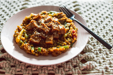 vegan Korean teriyaki sticky tofu with stir fry vegetables, healthy plant-based food
