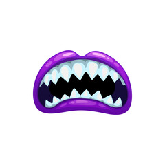 Monster mouth, roar scary purple jaws with sharp teeth, vector open yell maw. Cartoon beast roar or yell expression with long pointed teeth isolated on white background