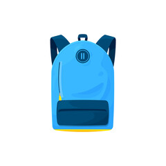 Obraz premium Kids schoolbag isolated vector icon, cartoon student rucksack of blue color with slip pocket and zip locks. Hiking backpack, touristic knapsack or school bag on white background