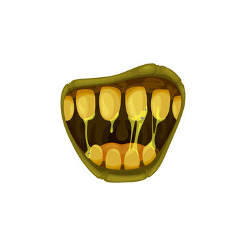 Monster mouth vector icon, creepy zombie or alien roar jaws with yellow teeth with gooey saliva and green lips, Halloween creature roaring mouth isolated on white background