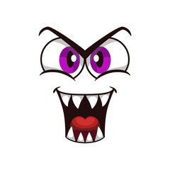 Cartoon face isolated vector icon, facial gloat emoji of funny creature, emotion toothy smile with big purple round eyes and mouth with red tongue isolated on white background