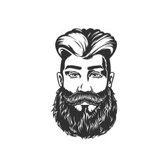 Bearded man with moustaches isolated model in barber shop saloon. Vector handsome male with stylish hairstyle, brutal hipster portrait. Barbershop, grooming hairdresser haircut salon emblem