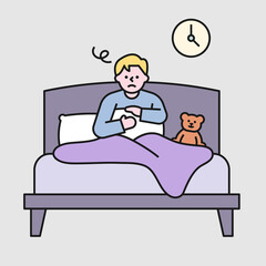 A man is sitting in bed and is falling asleep because of insomnia. flat design style minimal vector illustration.