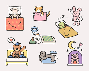Cute animal characters are sleeping in various poses. flat design style minimal vector illustration.