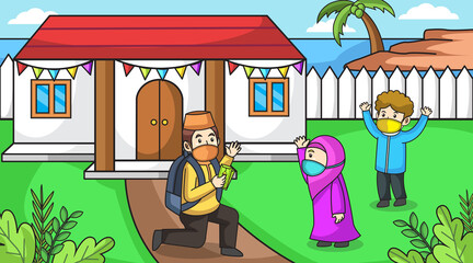 During the corona virus pandemic,muslim in outdoor is verry happy ,in eid-al fitr.Muslim give gift and happyusing masks and health protocols.children book illustration.