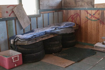 A makeshift bed in an abandoned building in Klamath Falls, Oregon. 
