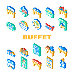 Buffet Food And Drinks Collection Icons Set Vector. Buffet Showcase With Cakes Dessert And Delicious Meal, Water And Punch, Dishware Spoon And Fork Isometric Sign Color Illustrations
