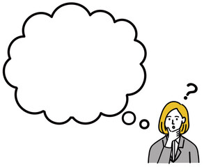 女性　金髪　若い　スーツ　ベクター　ポップ　考えている　はてな　空欄
