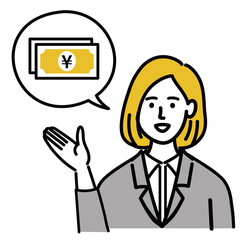 女性　金髪　若い　スーツ　ベクター　ポップ　お金　現金
