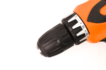 Close up view of power drill isolated on a white background