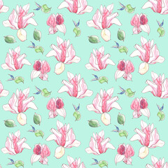 Fototapeta na wymiar Seamless pattern with watercolor spring magnolia flowers on green background