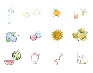 夏の墨絵風イラストセット　