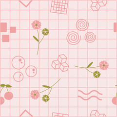 Abstract grid line with floral and shapes seamless vector pattern design. Art design for paper, cover, fabric, interior decor and, other uses.
