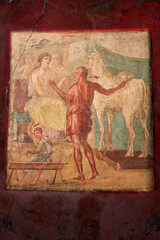 Ancient fresco of man with cow and woman, Pompeii, Italy 