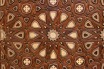 Close up of intricately carved inlaid wood wall, Cairo, Egypt 