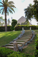 View from the gardens at the Mena House Hotel of the Great Pyramids framed by palm trees with stairs, Giza, Egypt 