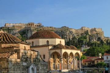 Foto op Canvas Tzistarakis Mosque with blue sky and Acropolis in background, Athens, Greece © Erica Ruth