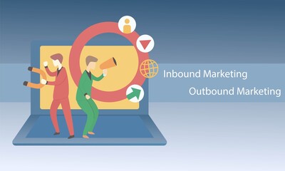 inbound marketing and outbound marketing,business strategy concept,businessman attracts customers with magnets and megaphone,communication ,website,socialmedia,video,email.vector illustration.