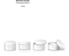 3d realistic vector white cosmetic cream jars in front view with open and closed cap.