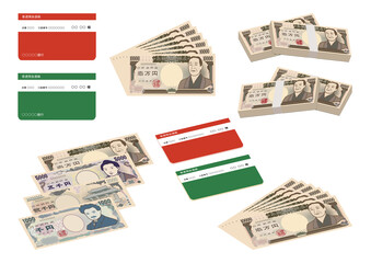 紙幣　お札　札束やお札を並べている　イラスト素材