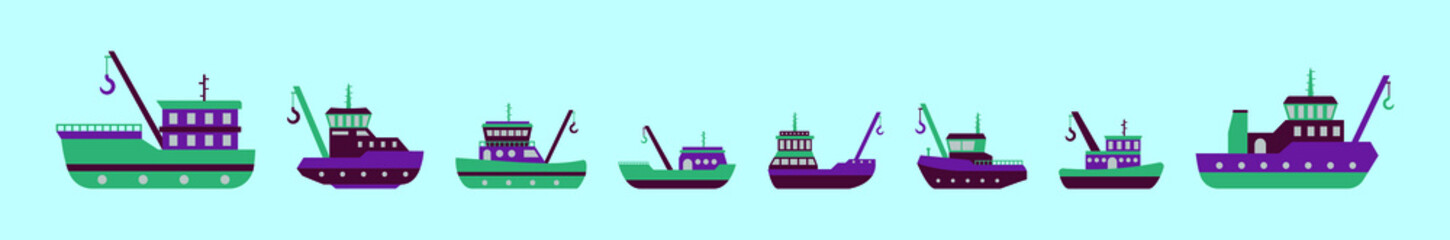Set of boat cartoon icon design template with various models. vector illustration isolated on blue background