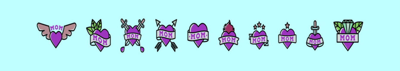Set of tattoo mom cartoon icon design template with various models. vector illustration isolated on blue background