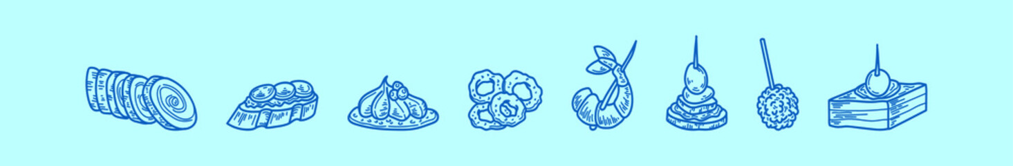 set of appetizers cartoon icon design template with various models. vector illustration isolated on blue background