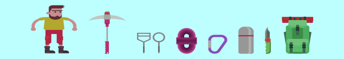 set of mountaineer tools cartoon icon design template with various models. vector illustration isolated on blue background